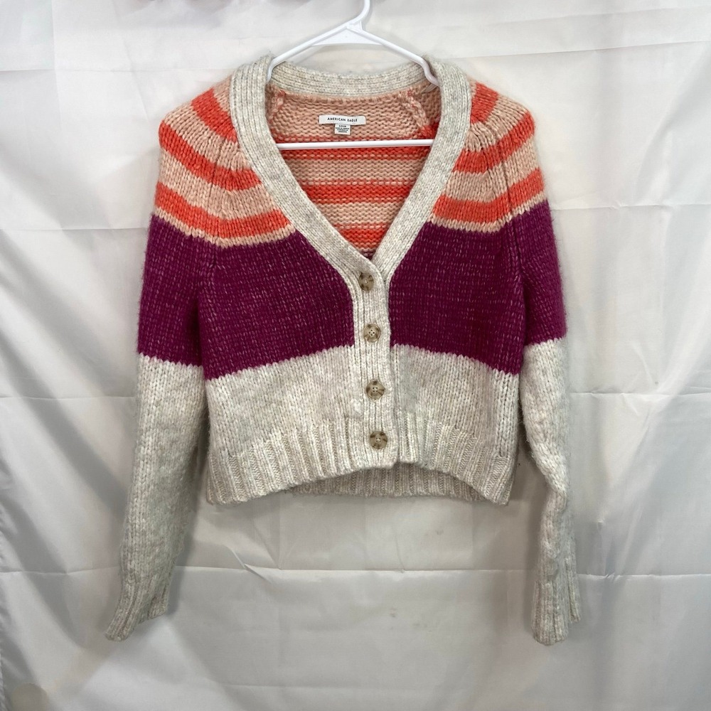American Eagle women's cream‎ striped button front v-neck thick wool sweater S